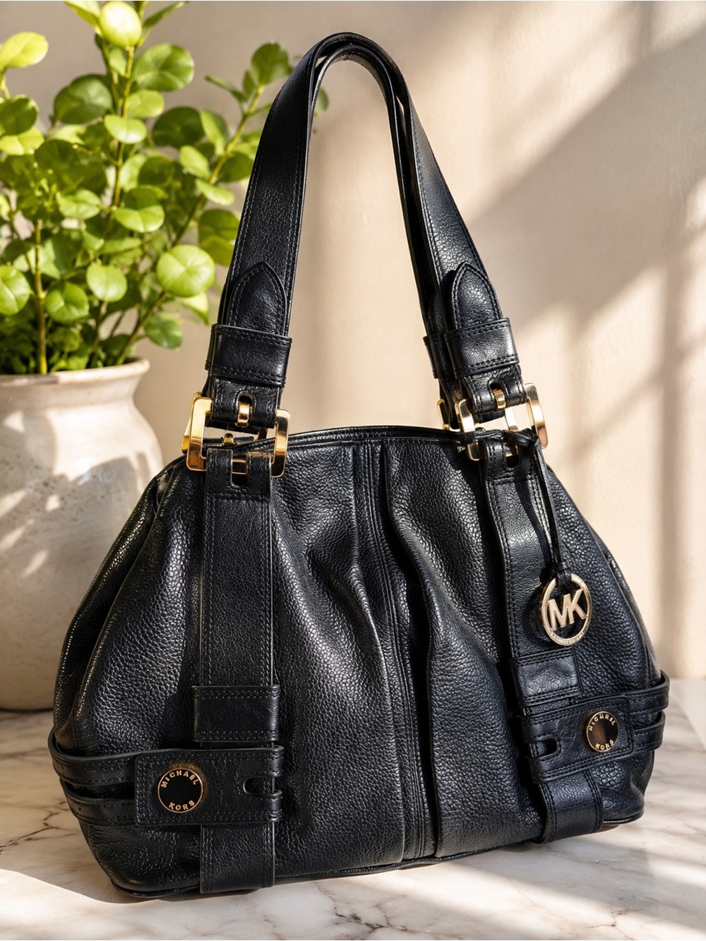 Michael Kors Black Leather Shoulder Bag with Gold-Tone Accents